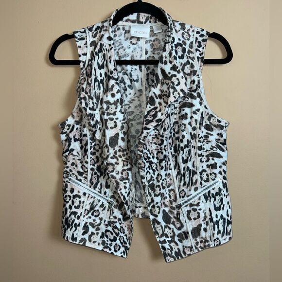 Chico’s Linen Blend Tan Cheetah Print Open Front Drape Vest Size‎ 0 Small (4) - Picture 1 of 6